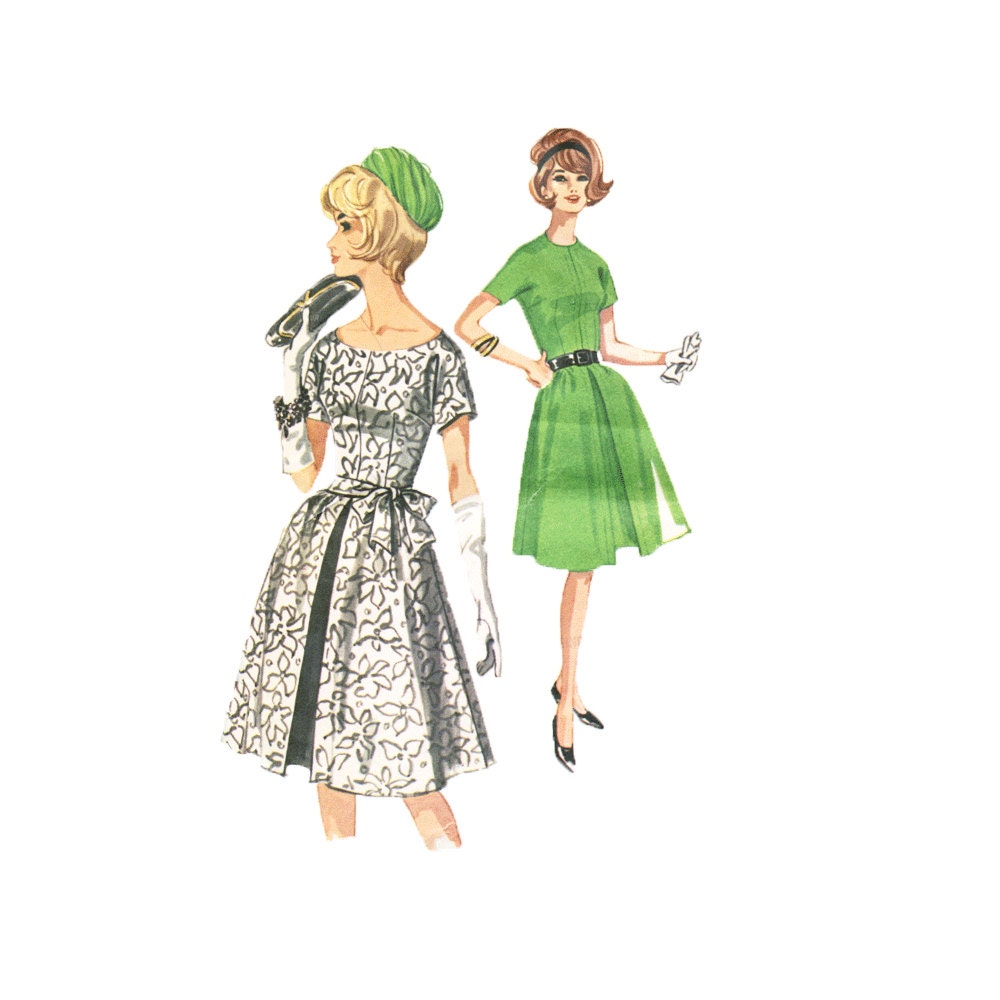 Vintage 60s Sewing Pattern Misses Dress High Round or Scoop Neck Gored Skirt Inverted Pleat Size 16 Bust 36