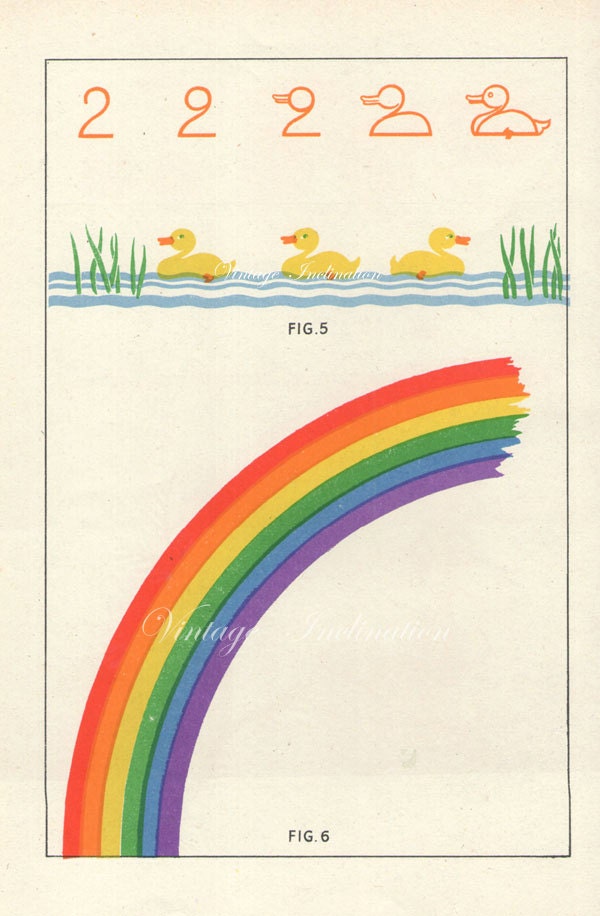 1920s Nursery NUMBER 2 DUCKS And Rainbow, Book Plate chart color illustration