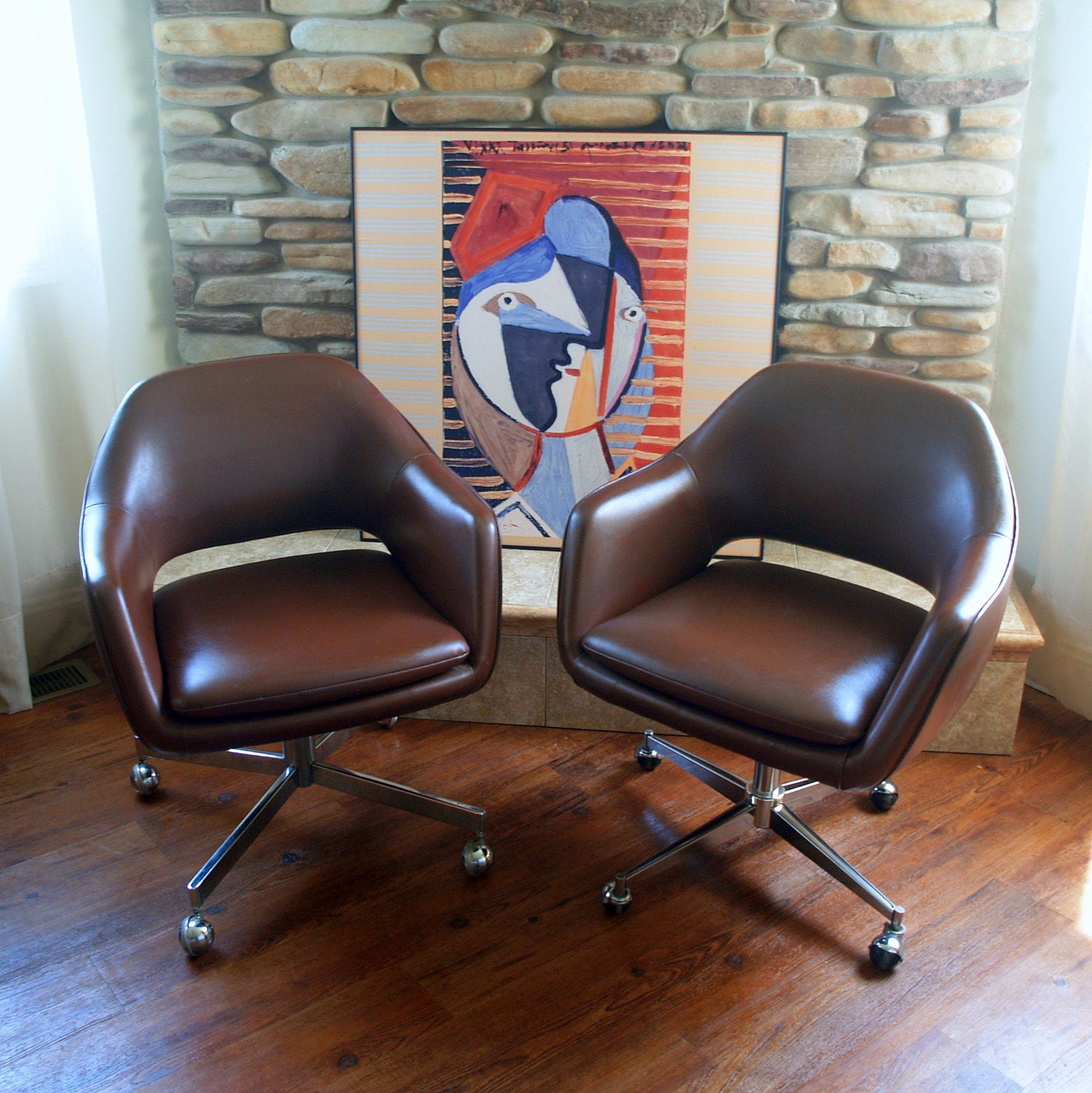 1979 Saarinen for Knoll Executive Arm Chair Iconic MID CENTURY MODERN  Office Chairs Rolling Wheels Swivel X Base Cognac Brown Faux Leather