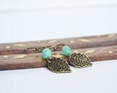 Seafoam Leaf Charm Earrings, Dainty Brass Leaf Woodland Jewelry, Mint Green Czech Bead, Hanging Leaf Earrings