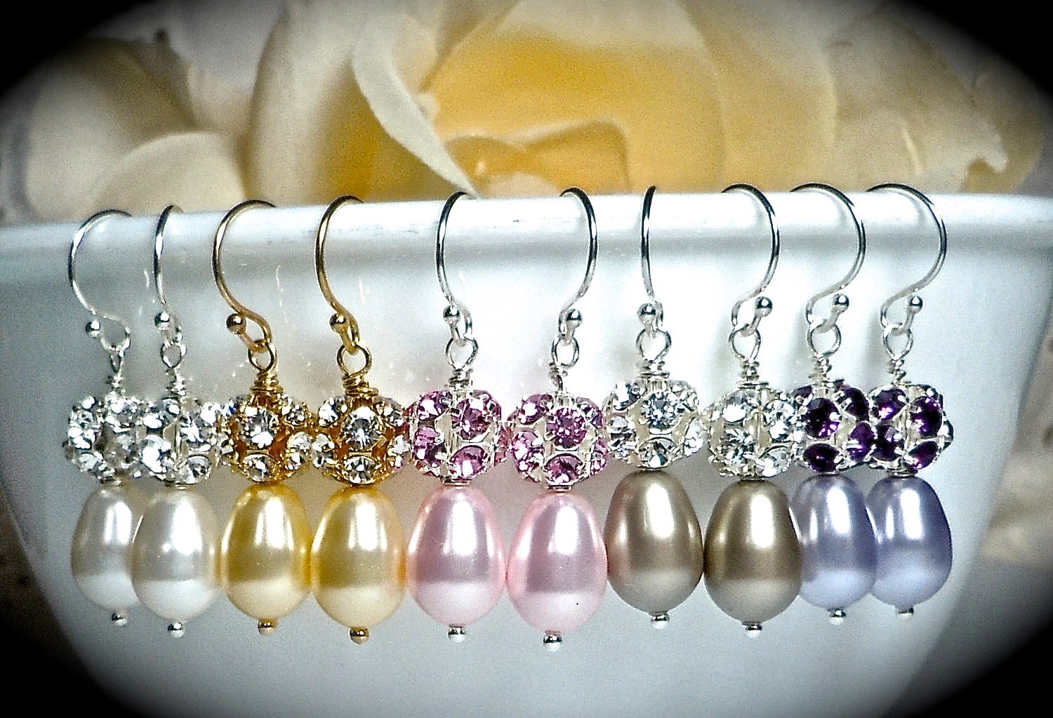 Pearl earrings - Bridal jewelry - Pearl drops - Crystal Fireballs -- You CHOOSE color - Sterling silver - Bridesmaids - PromGift
