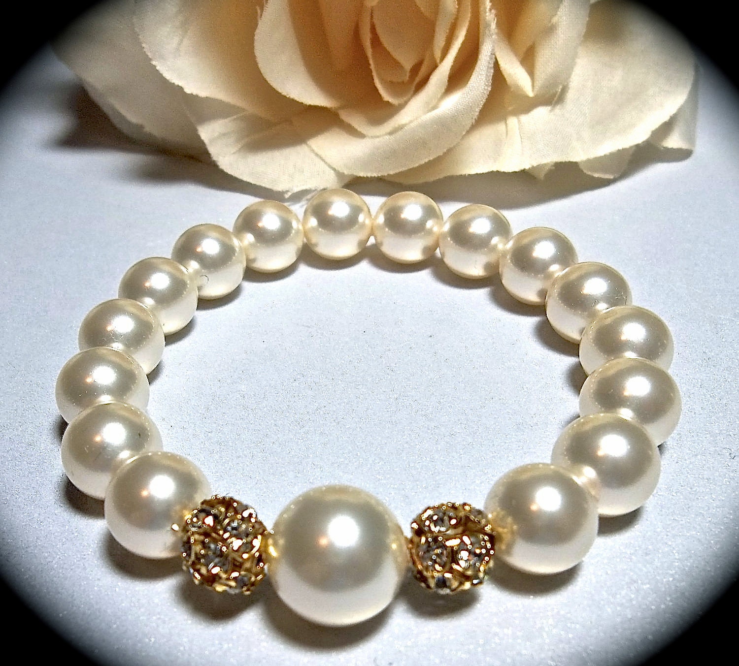 Bridal jewelry - Ivory/Cream - Pearl bracelet - Gold - Swarovski crystal - Rhinestone fireballs - Bridesmaids -