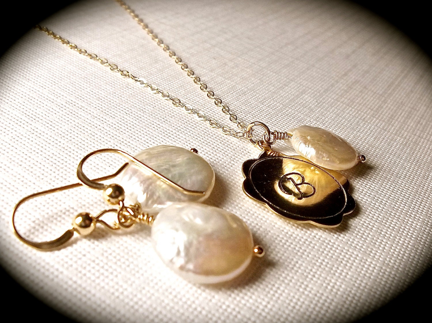 Pearl Necklace and Earring set - Freshwater - Coin pearls - Gold filled - Personalized - Hand Stamped - initial - Bridal jewelry - Mother -