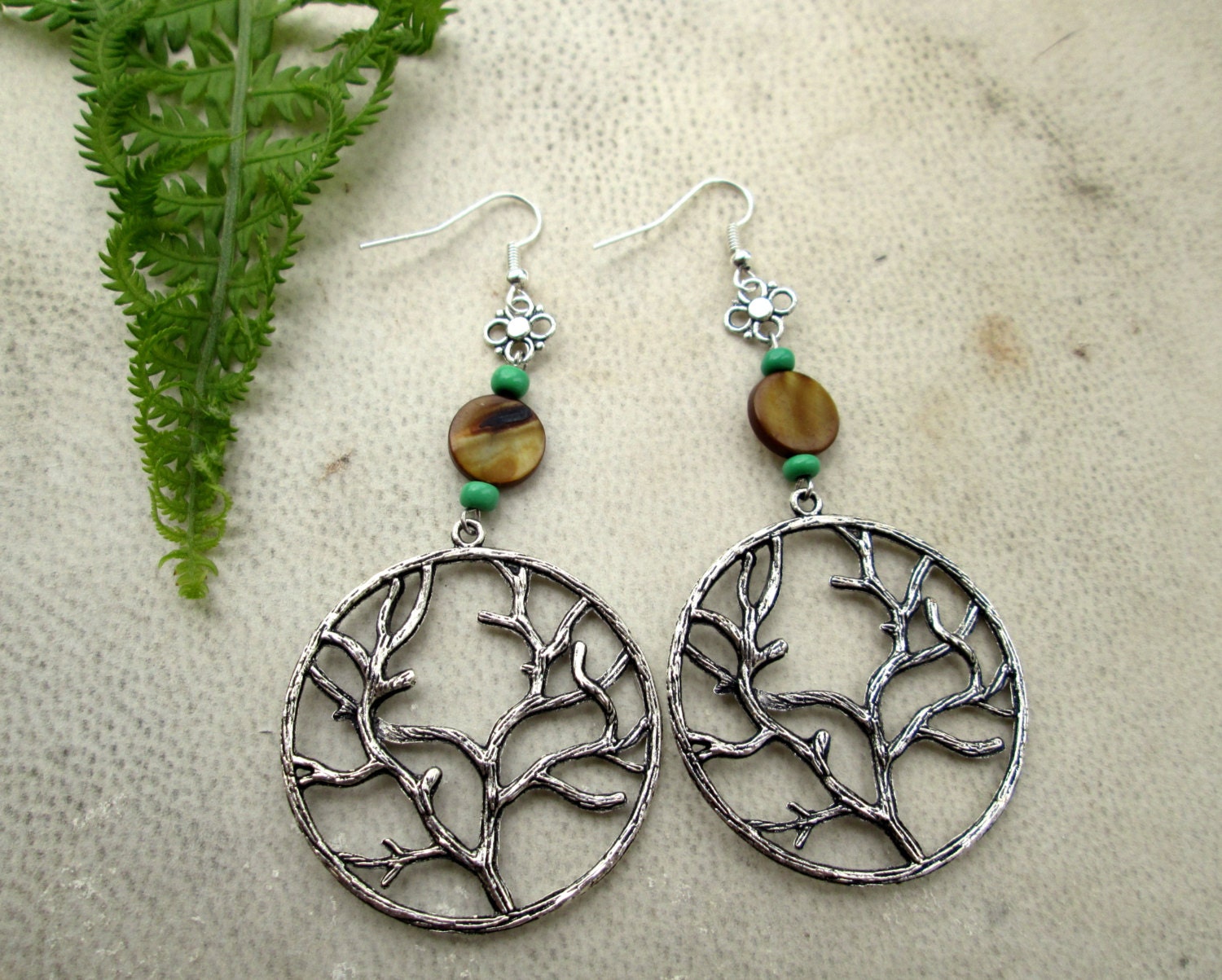 Tree of Life Beaded Hoop Dangle Earrings. Silver with Green Glass and Brown Shell Beads & Silver Flowers. Hippie Festival / Yoga Jewelry.
