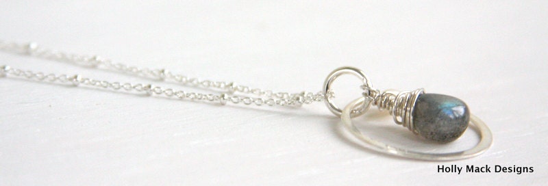 Handcrafted sterling silver circle necklace, wire wrapped labradorite stone and freshwater pearl, sterling silver chain, everyday necklace
