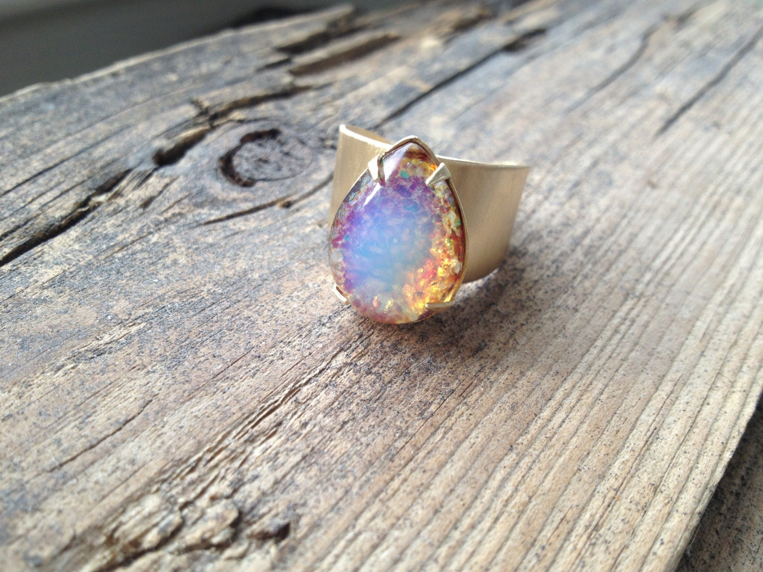 Fuego Ring - Gold Brass & Large Fire Opal Glass Drop, Vintage Stone with brushed Adjustable Ring Band