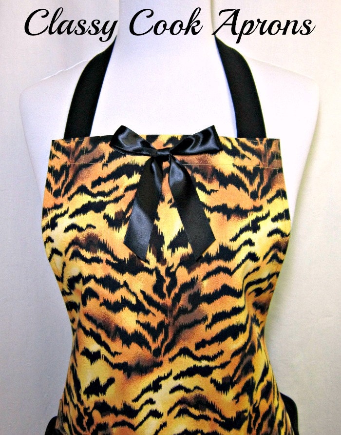 Apron Jungle TIGER, Black SEXY Chiffon RUFFLE & Flounce, Big Cat, Pretty Party Hostess, Unique Gift