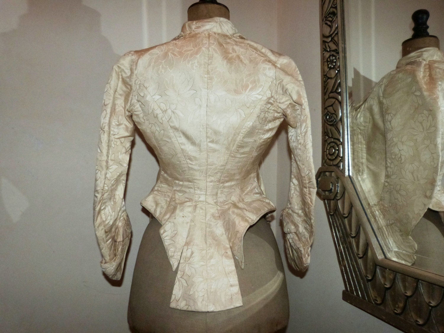 Victorian silk jacket blouse boned wasp waist bodice Antique French silk brocade chemise, 1800s clothing w stays from France