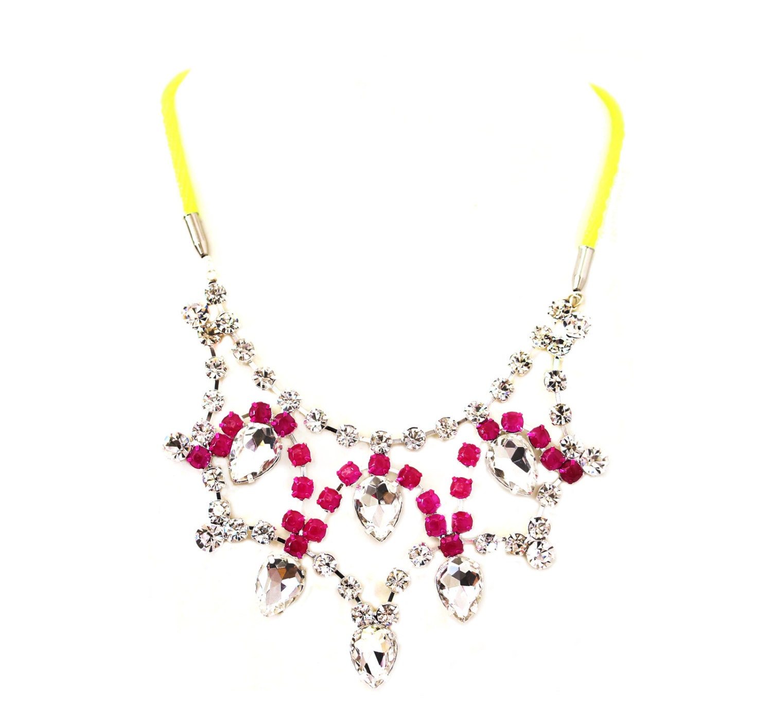 Stunning Princess Crystal Tear Drop Bib in Electric Purple with Neon Yellow Cord