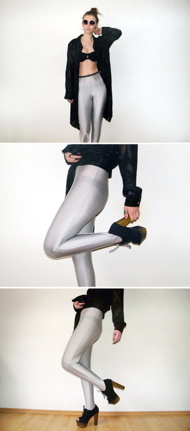 90s Silver High Waisted Leggings Stretch Metallic Glossy Leggins Raver Club Kid 1990s Vintage Pants