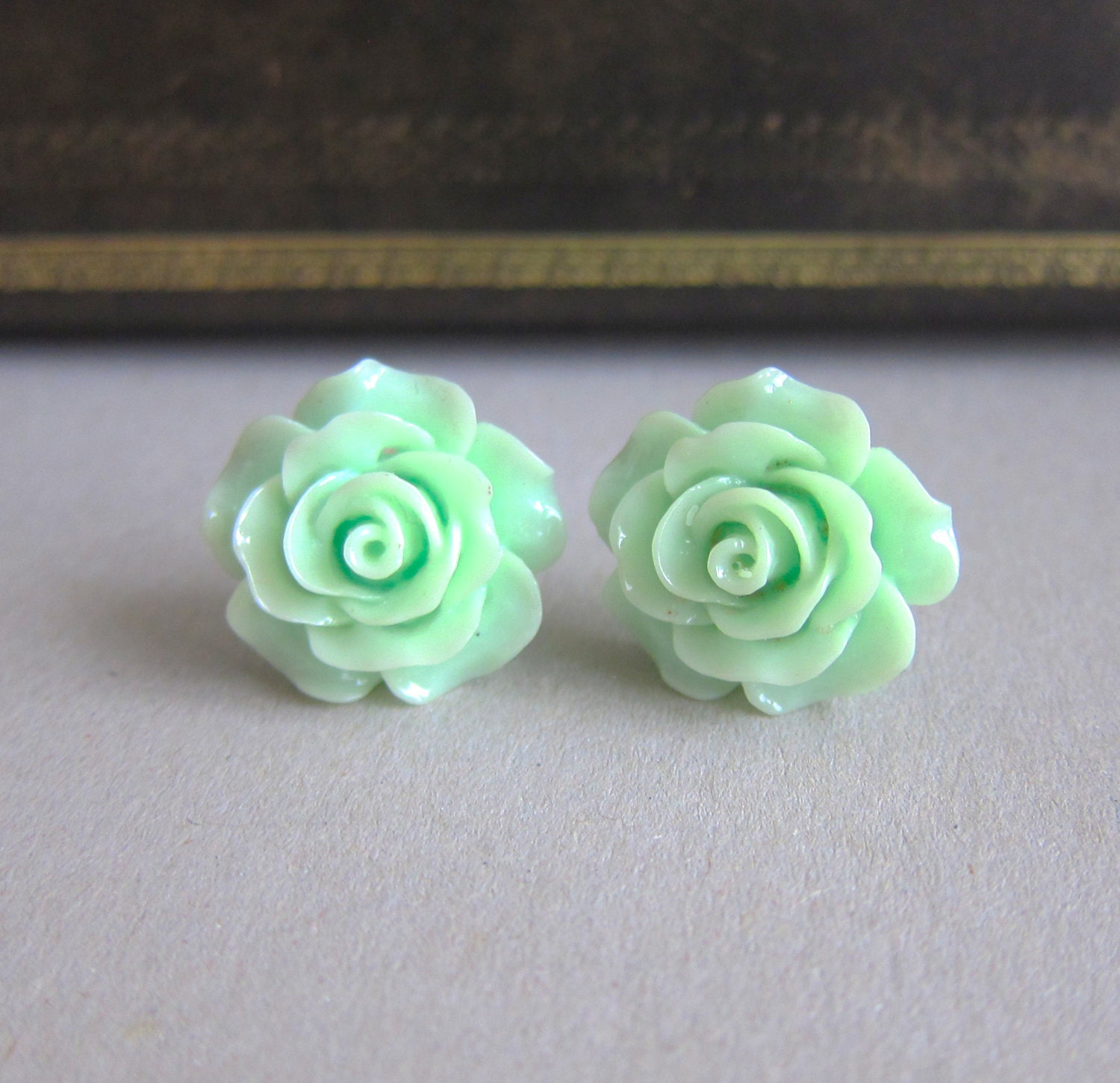 Rose Earrings Mint Green Stud Earrings Floral Flower Post Pale Green Light Green Soft Romance Dreamy Wedding Shabby Chic