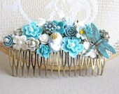 Hair Comb Turquoise Blue Hair Comb Wedding Hair Comb Ivory Cream White Bridesmaids Bridal Hair Jewelry Accessories Romantic Shabby Chic