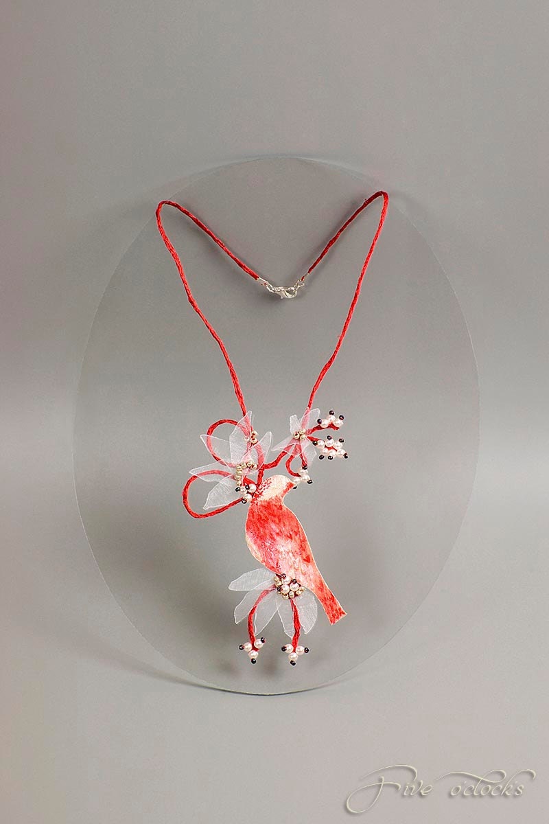 Fiber art linen necklace with bird and pearls. Fine red and white beaded jewelry for romantic woman.