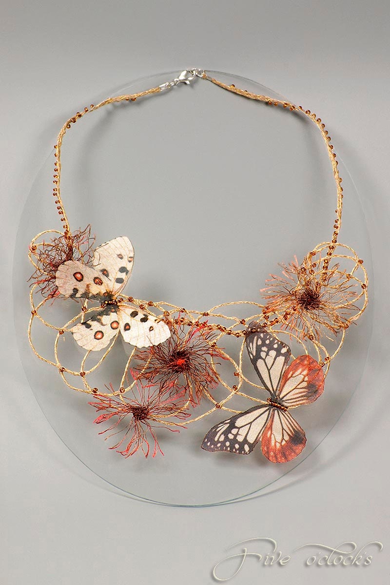 Wedding butterflies statement necklace. Whimsical textile jewelry for fairy wedding. Spring papillon fiber art bijoux.