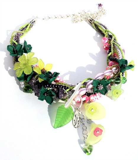 Summer Garden Necklace, Green Purple Pink Flower Jewelry