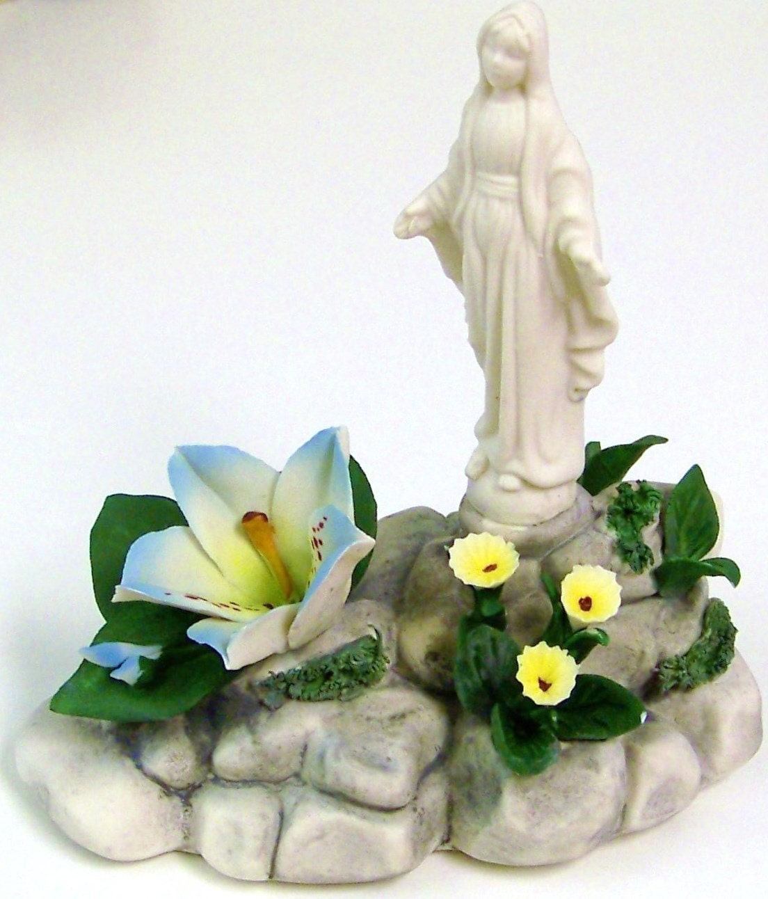 Vintage Capodimonte Mother Mary Porcelain Collectible Figurine / Mary in Garden with Flowers / Bisque Porcelain
