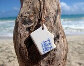 Hawaiian Unique White Beach Pottery with Antique Blue Writing on India Leather Necklace