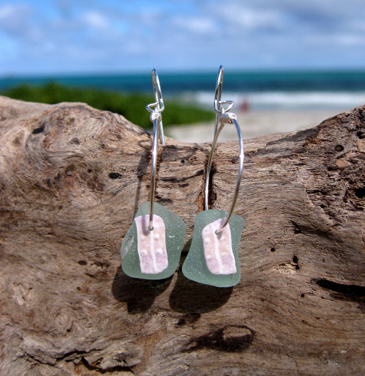 Hawaiian Thick Aqua Beach Glass with Purple Sea Urchin Spicules on Silver Plated Circular Wire Small Hoop Earrings