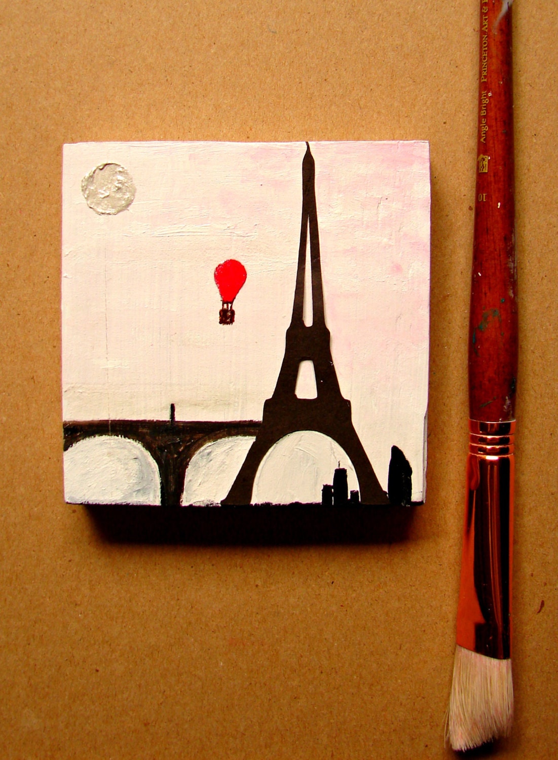 Home Decor, French Decor, Paris Eiffel Tower-Hot Air Balloon Mixed-Media Art,Acrylic & Paper-Birthday Wedding for Her