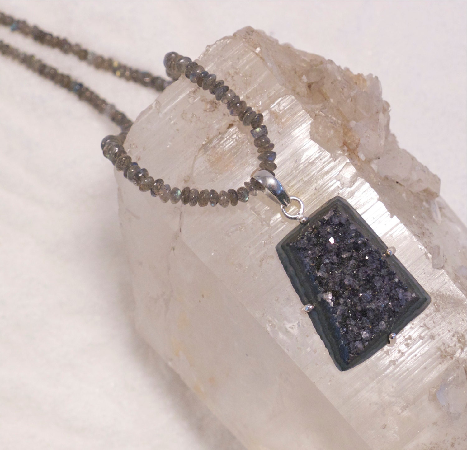 Purple Stone-GreyStone Druzy-Labradorite-Sterling Silver Pendant-Necklace