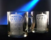 TARDIS coffee cup set of 2 , coffee mug ,hand engraved glass, kitchen , glassware, geekery, police box , doctor who, gift ideas