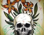 tattoo skull watercolor painting: skull with daisies, 9x12" original