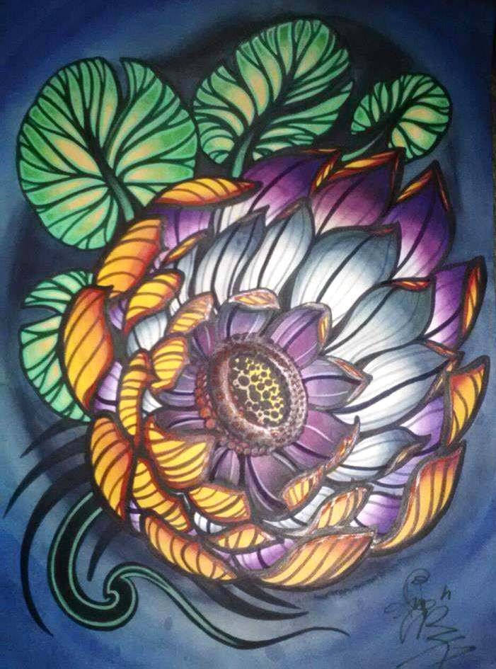 dark lotus handpainted tattoo art: tattoo flash painting, orange, purple and grey flower