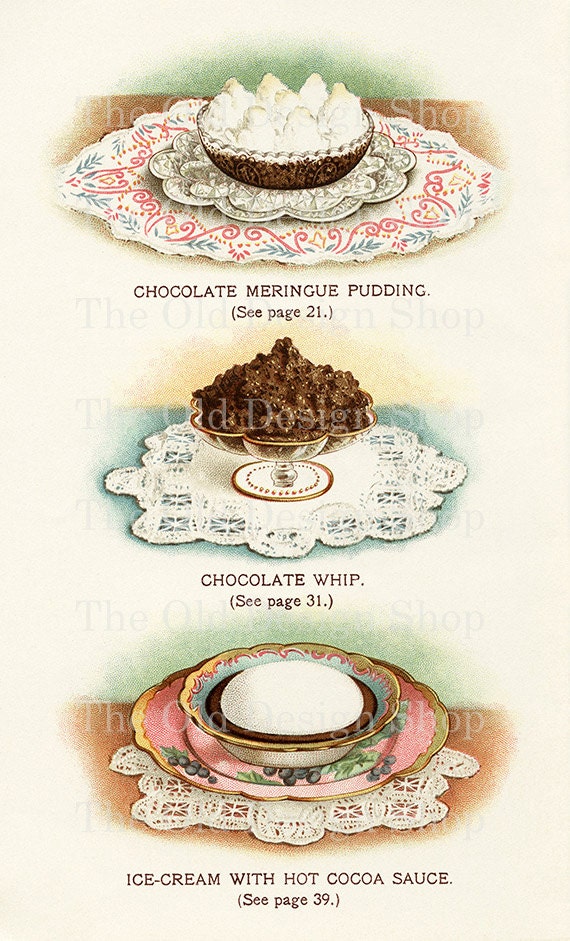 PUDDING WHIP SAUCE Printable Chocolate Cocoa Sweet Dessert Food Color Illustration 300 dpi Digital Scan Vintage Image Antique Clip Art
