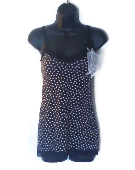 Polka Dot Tank Top in Black or White With Lace Trim Bow Faux Pearl Adornment Womens Clothing Medium