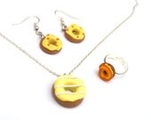 Yellow Donut Necklace Gift Set - SALE necklace, earrings and ring gift set with yellow and orange donuts