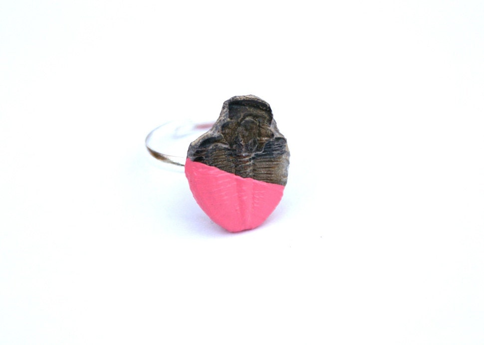 Pink Trilobite Fossil Ring - Genuine Fossilised trilobite from the Cambrian, sterling silver ring, half painted in silver