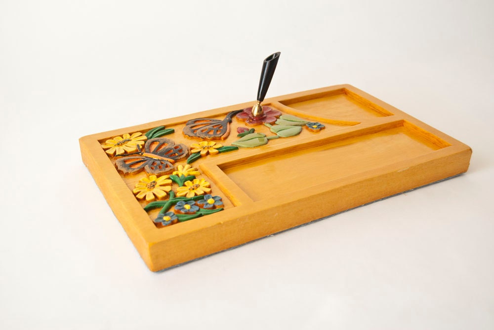 Wooden Organizer Tray for Desk  Yellow Flowers & Butterflies