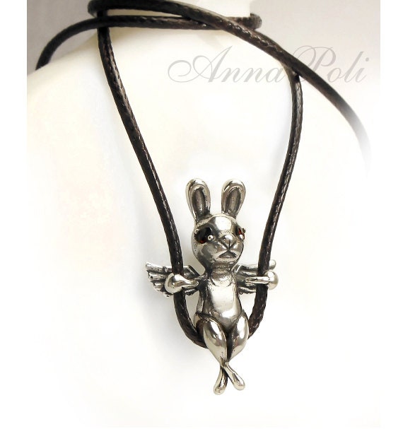 Silver Pendant "Rabbit with wings" with garnet eyes, pets and pet lovers, Love, unique, cute and funny