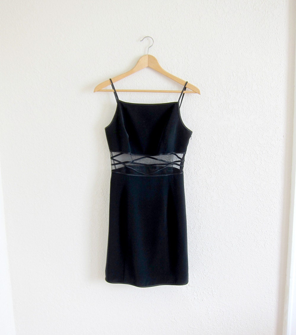 vtg 90's BODY CON sheer midriff mini black dress