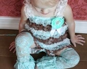 FREE SHIP Aqua Brown White Ruffled Lace Pettiromper Custom Satin Bow Satin Flower With Rhinestone Center 6 mos 12 mos 1 2T 3T