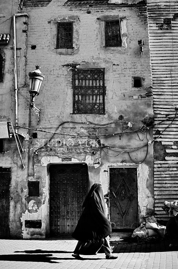 Travel Photo Morocco, Black and White, Old Building, Urban Decay, Marrakech, Street Portrait Muslima,  Fine Art Print - A Tale of Time