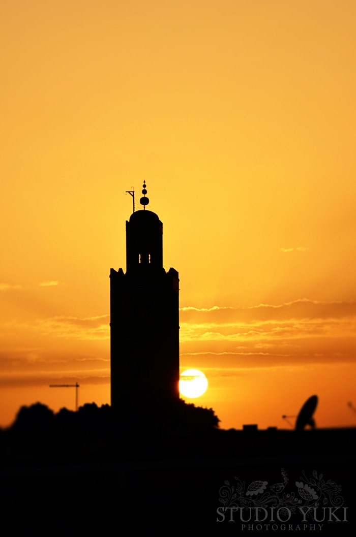 Sunset Photography - Landscape, Travel, Morocco, Golden Sky, Mosque, Minaret, Market Photo, Fine Art Photography - The Bookseller's Mosque