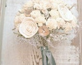 Soft White Wildflower Handmade Custom Bride's Alternative Wedding Bouquet - Sola Wood, White Wildflowers, Vintage Book Flowers, Pearls