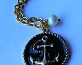 Black & Gold Anchor Pendant with a Fresh Water Pearl Necklace