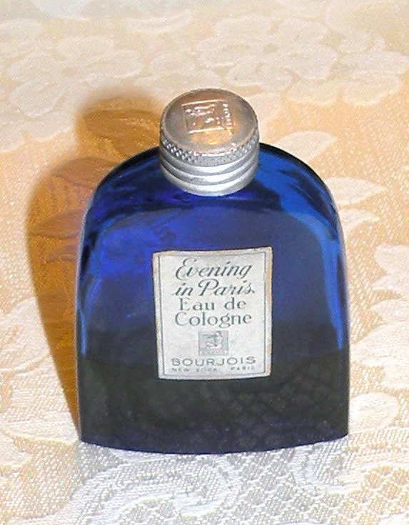 Vintage Evening in Paris Eau de Cologne Cobalt Blue Bottle Silver Lid Bourjois Cologne and Bottle