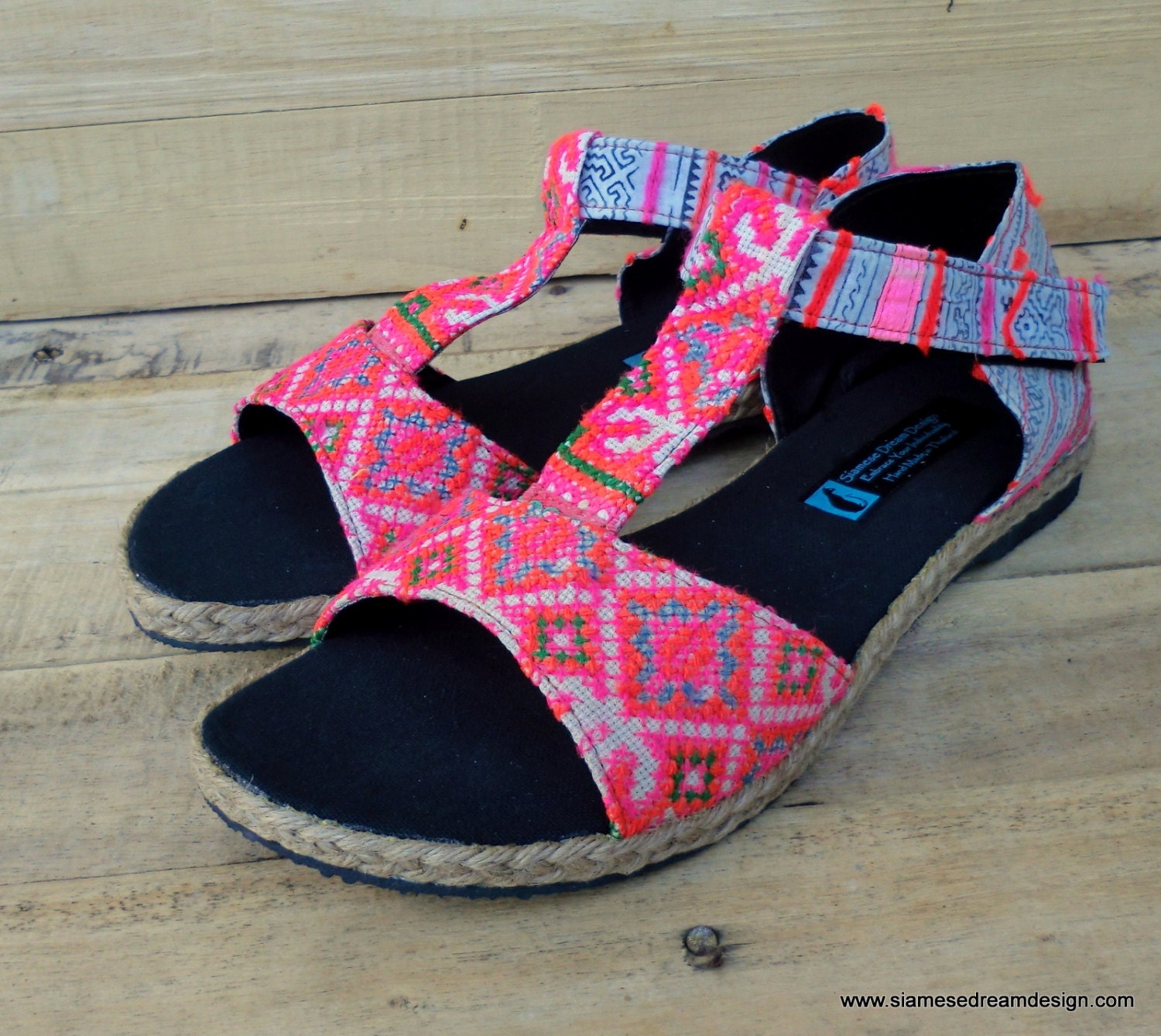 Hmong Vintage Embroidery and Batik Pink T-Strap Vegan Womens Sandal