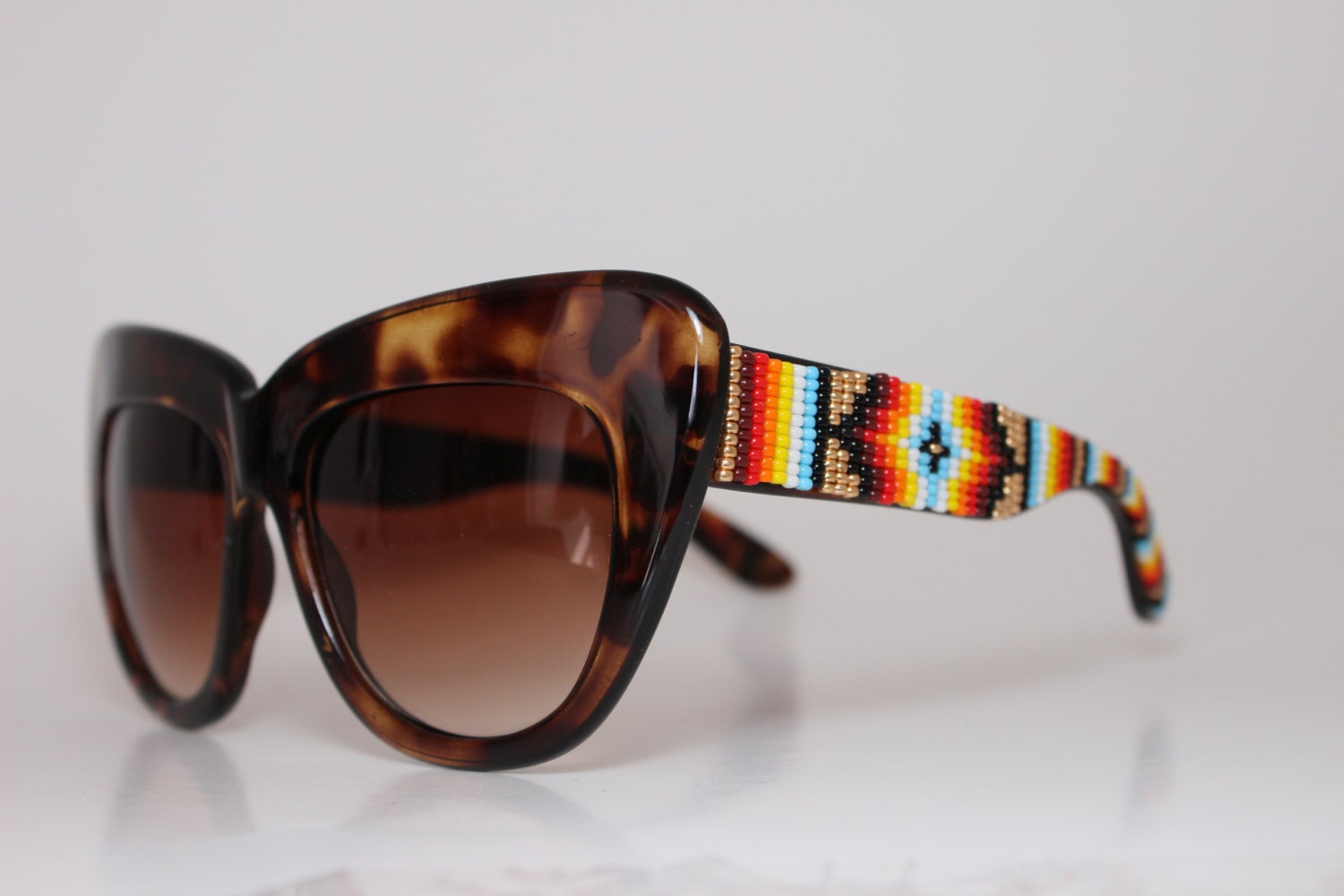 Hand Beaded  Gold Cat Eye Sunglasses Tribal Design