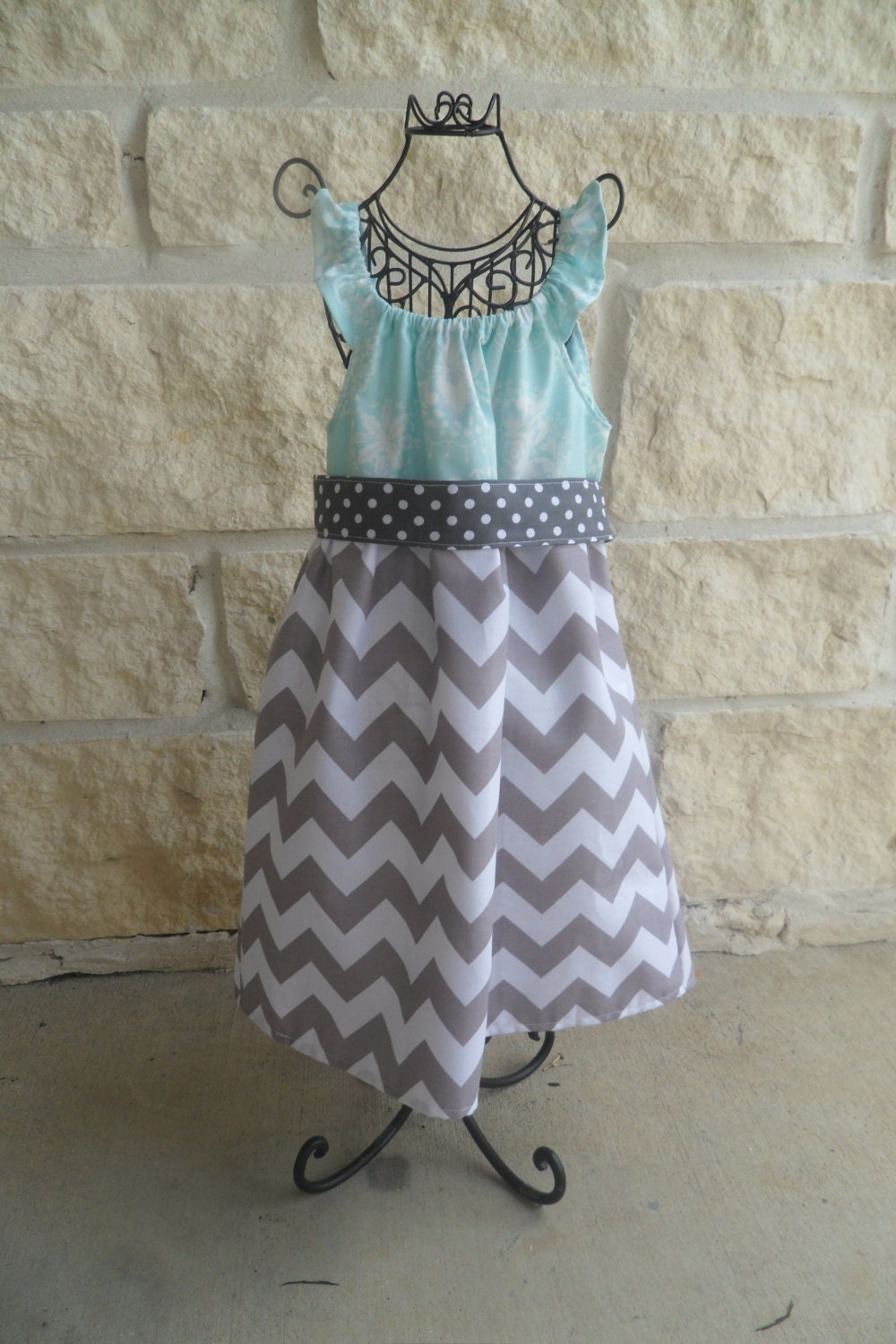 Girls boutique party dress- Gray and white chevron dress with blue top- Ready to Ship size 3T