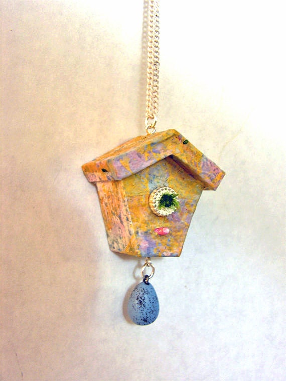 BirdHouse Necklace Jewelry Pendant Yellow Blue Whimsical Accessories