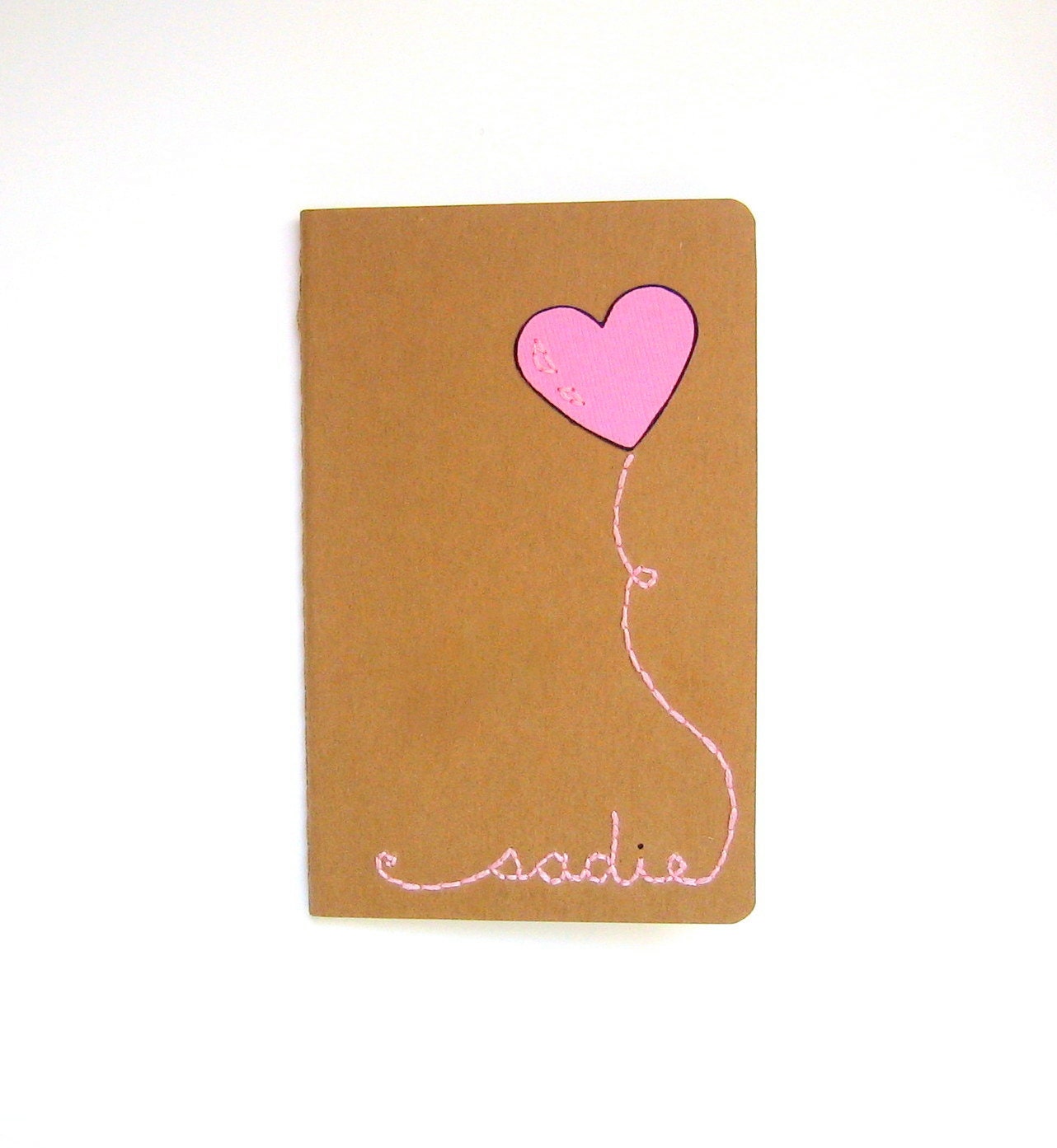 pocket size Miss Jones Name Journal - Sadie Pink. hand-embroidery, made to order. kraft moleskine journal. ruled paper, customized name.
