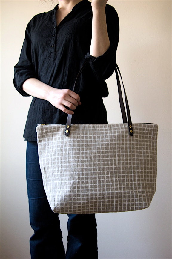 Screen Print Natural Linen Weekender Tote Bag Brown Leather Handles