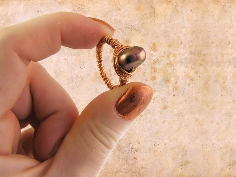 Black pearl ring. Freshwater jet pearl copper wire wrap handmade jewelry