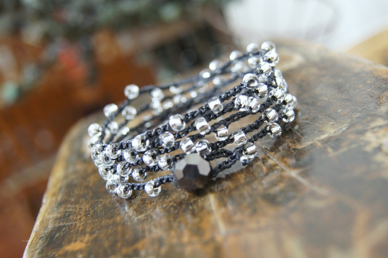 Crocheted Beaded 5 Wrap Bracelet Boho Bohemian Shabby Chic