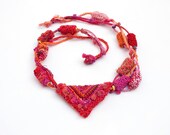 Knitted tribal necklace with bamboo beads, red, fuchsia, orange, OOAK