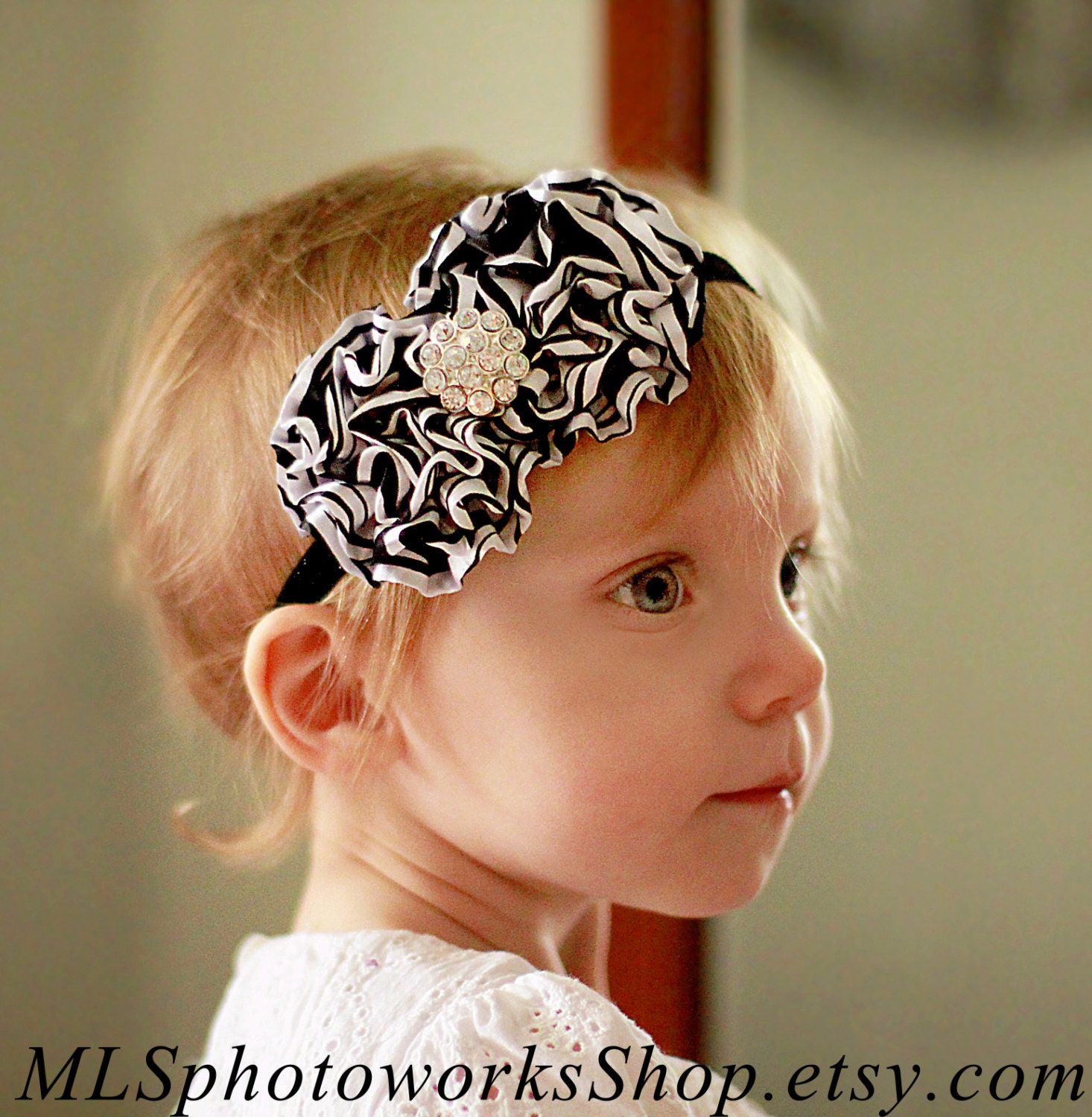 Black & White Satin Swirl Flower Headband - Girl's Simple Chic Black White Hair Bow - Dressy Occasion Black and White Flower Baby Headband